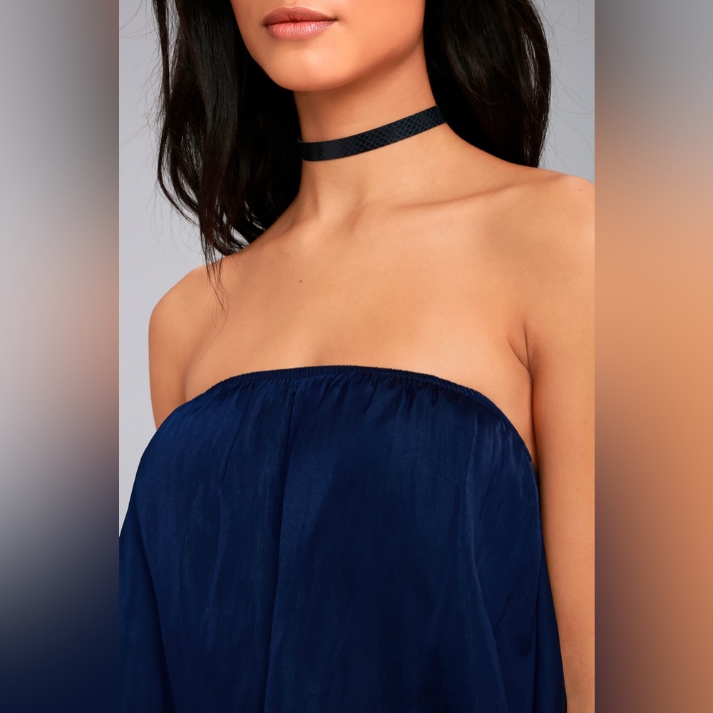 Lulus Catia Navy Blue Satin Strapless Romper‎ - Picture 4 of 11